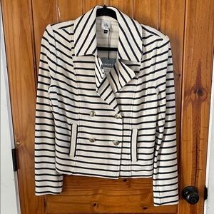 Cabi Even Keel Jacket Striped Cream Navy Blue Knit Double Breasted Crop Medium